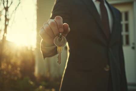 A person in business suit holding key in urban environment during sunny weather, showcasing key and propertyの素材