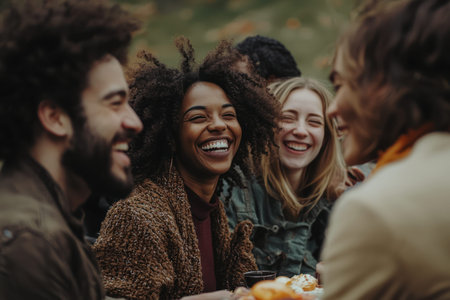 A Diverse friends laughing together at picnic in park, enjoying natural daylight and warm earthy tonesの素材