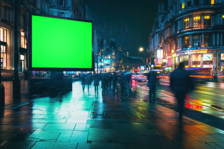 An Urban scene London featuring vacant billboard and blurred pedestrians rainy weather. vibrant city lights create livelyの素材