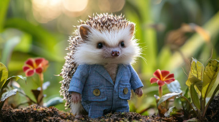 A charming hedgehog in summer suit exploring Hawaiian garden, surrounded by vibrant flowers and lush greeneryの素材