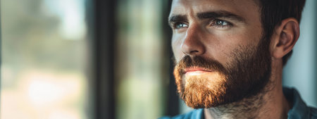 A thoughtful man gazes out of window, reflecting life with serious expression. His well groomed beard and intense eyes convey sense of contemplationの素材