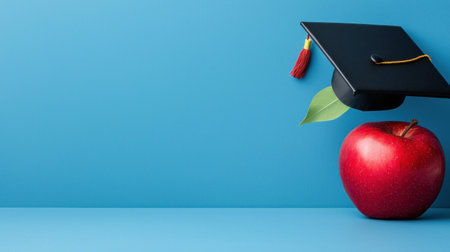 Graduation cap and red apple symbolize education and achievement.の素材