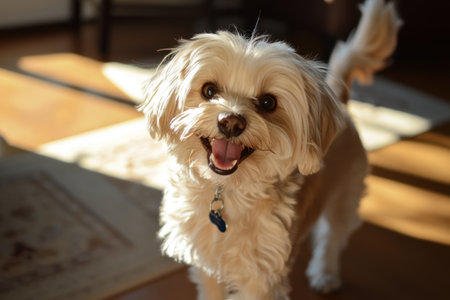 A Playful pet dog with happy expression, wagging tail, and bright eyes in warm lightの素材