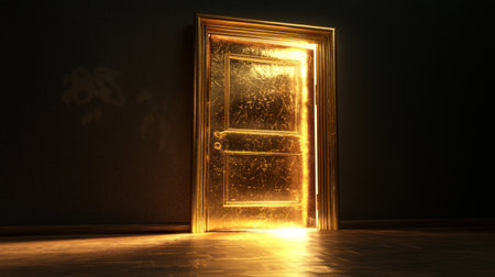 A glowing golden door radiates light dark room, symbolizing opportunity, success, and victory. illuminated frame creates sense of mystery and hopeの素材