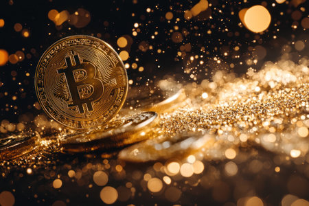 A Golden coins and blockchain symbols create sense of wealth creation and prosperityの素材