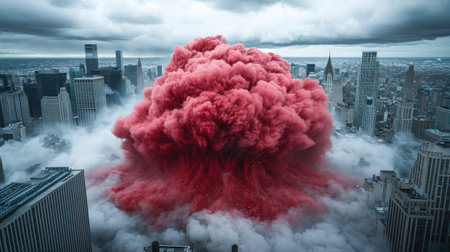 dramatic explosion of red smoke over city skyline creates striking visual impact.の素材
