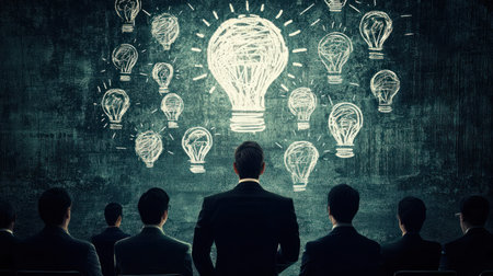 An Innovative business leader presenting ideas with lightbulbs on boardの素材