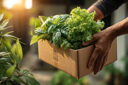 A Fresh organic vegetables in cardboard box being held outdoors in warm summer sunlight, symbolizing sustainable logisticsの素材
