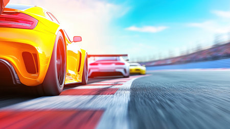 Fast race cars speed around vibrant race track, showcasing dynamic motion and excitement. colorful backdrop enhances thrilling atmosphere of competition.の素材
