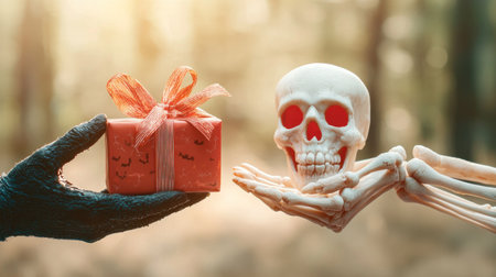 spooky scene featuring black hand presenting gift box to skeleton hand, creating unique contrast. atmosphere is eerie yet intriguing, perfect for Halloween themes.の素材