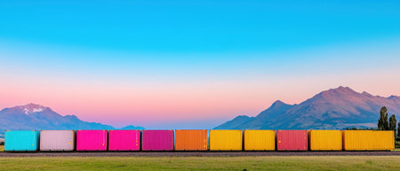 Colorful freight containers line railway against stunning mountain backdrop at sunset, creating vibrant and picturesque scene. gradient sky enhances beauty of this tranquil landscape.の素材