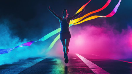 triumphant runner crosses finish line, celebrating victory with colorful ribbons flowing behind. vibrant atmosphere is filled with energy and excitement.の素材