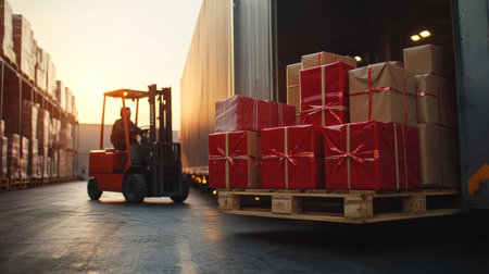 A Forklift loading pallets of wrapped gifts into semi truck trailer in warehouse, showcasing holiday logisticsの素材