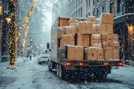 A delivery truck loaded with stacked boxes navigates snowy city street, evoking sense of chaotic holiday logisticsの素材