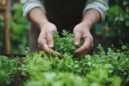 A farmer hands gently holding fresh organic herbs in lush green garden, symbolizing sustainable farmingの素材