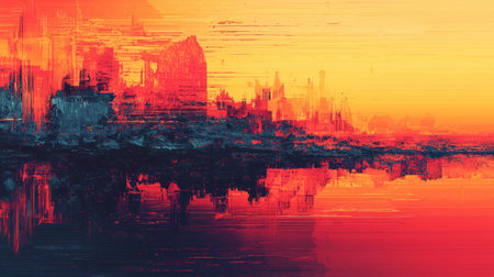An Abstract digital artwork with vibrant glitch effect, showcasing futuristic cityscape in warm gradient tonesの素材