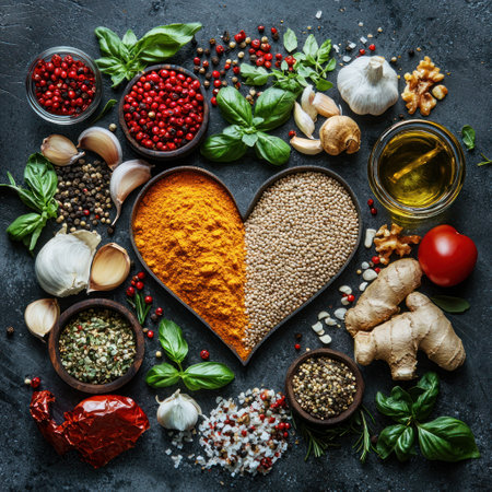 A heart shaped arrangement of spices, seeds, and fresh ingredients on dark surface, evoking warmth and culinary creativityの素材