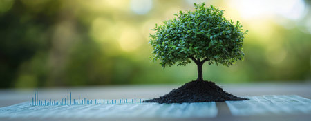 A small tree growing on soil atop financial chart, symbolizing growth, analytics, and insights in natural settingの素材