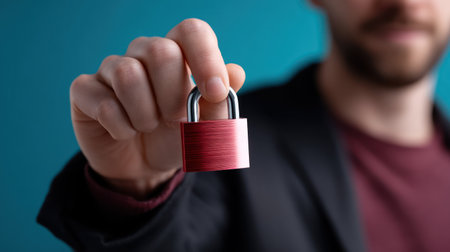 A man holding red padlock in his hand, symbolizing security and protection, with blue backgroundの素材