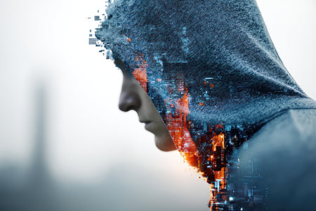 A hooded figure blending with futuristic cityscape, symbolizing technology and human connectionの素材