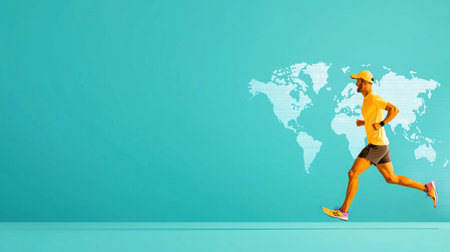 vibrant illustration of marathon runner in motion against turquoise background, symbolizing global fitness and determination. world map adds dynamic touch to scene.の素材