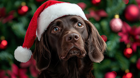 Festive dog wearing Santa hat, surrounded by Christmas decorations.の素材