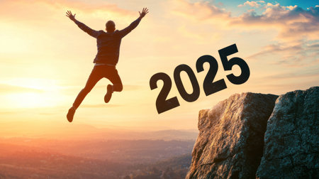 man jumping joyfully into future, symbolizing hope for 2025.の素材