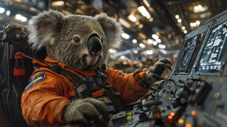 koala in space suit operates futuristic control panel, showcasing curiosity and adventure.の素材