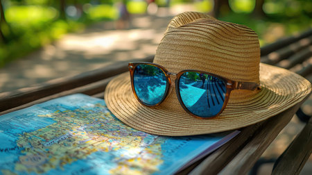 A straw hat and sunglasses rest on bench beside colorful city map, evoking relaxed summer travel vibeの素材