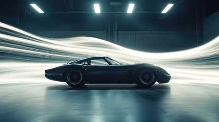 A dynamic silhouette of wind tunnel tested automotive model rotating under spotlights, sleek coupe, futuristic, dramatic lightの素材