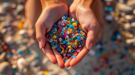 A hands holding colorful microplastics on sandy beach, environmental pollution, close up, daylight, concernの素材