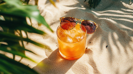 A tropical drink sunglasses sand summer beach ice refreshing beverage sunlight create relaxing vibeの素材