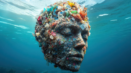 A floating plastic waste, ocean pollution, coral head shape, environmental crisis, marine debris, underwaterの素材