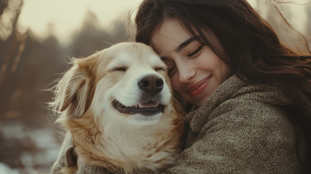 A joyful woman warmly hugging her happy golden retriever dog outdoors sharing tender moment of love and companionshipの素材