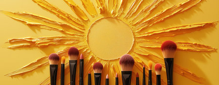 A makeup brushes arranged in radial pattern resembling sun rays with vibrant yellow paint creating bright and artistic backgroundの素材