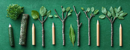 A stationery shaped like tree branches and leaves arranged on green background with natural texture and creative conceptの素材