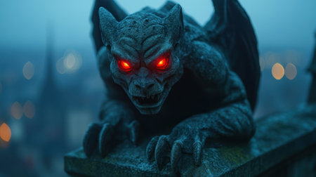 A dark stone gargoyle with glowing red eyes watches over world at night evoking mysterious dracula like presence on this eerie dayの素材