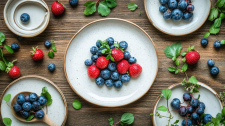 A fresh national berries on clean plates with no dirty dishes on bright day creating vibrant and healthy food sceneの素材