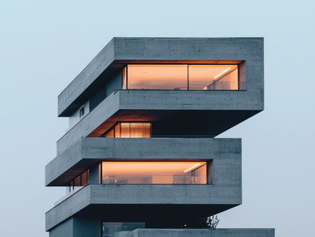 Modern architecture with unique design featuring concrete and glass elements.の素材
