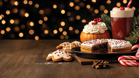 Festive baking scene with cookies, cake, and holiday decorations.の素材