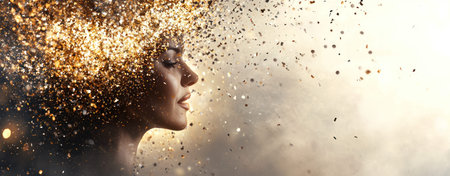 stunning portrait of woman with burst of golden confetti, symbolizing creativity and inspiration.の素材