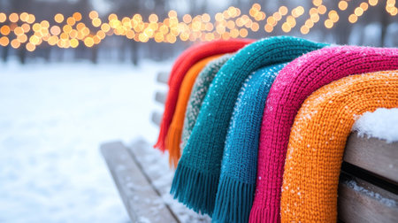 Brightly colored winter scarves draped on bench, creating cozy atmosphere.の素材