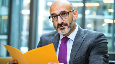 Professional business executive reviewing documents with focus and determination.の素材