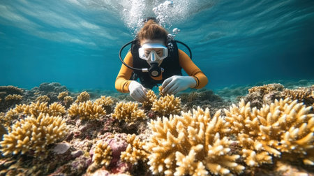 An underwater scuba diver planting coral fragments on vibrant reef in clear blue ocean water with sunlight shining throughの素材