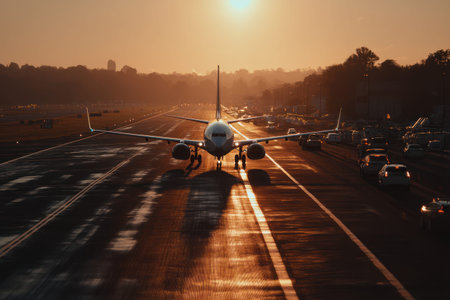 An airplane on airport runway glowing in golden hour light with cars on adjacent road and trees in backgroundの素材