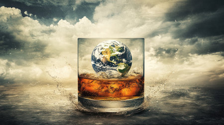 A glass of whisky with splash holds world inside, celebrating day with unique and imaginative concept of global enjoymentの素材