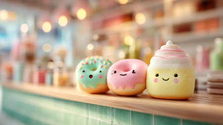 A kawaii cute dessert with smiling faces on colorful donut and whipped cream on wooden counter in cozy cafeの素材
