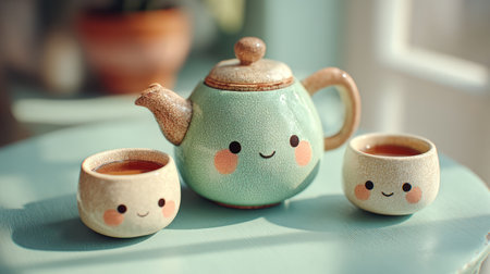 A kawaii teapot cup tea ceramic cute smile happy cozy warm beverageの素材