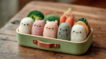 A kawaii rice ball with cute face in green lunch box with broccoli and carrot on wooden tableの素材
