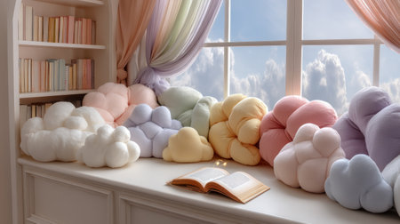 A kawaii cloud pillow cozy reading nook pastel cushion soft decor window seat dreamy atmosphere open book gentle light home interior comfortableの素材